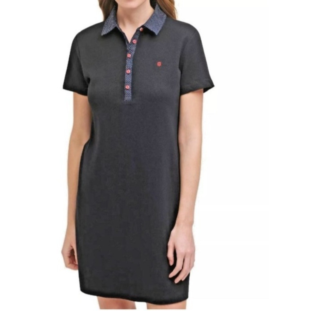 Tommy Hilfiger Women's Deep Navy Blue Polo T-Shirt Dress Red Buttons Sz M Preppy